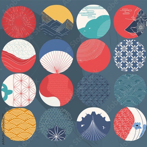 Graphic elements modern set with geometric shapes and flowing liquid patterns. Japanese graphics with Asian icons. Template for logo designs, flyers, and presentations.