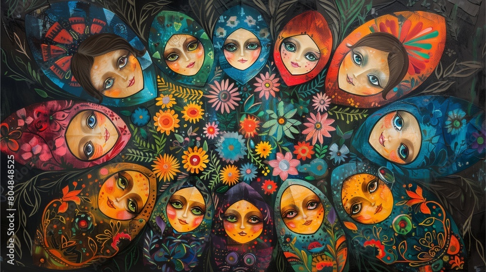 A painting of traditional dolls arranged in a circle. A painting of traditional dolls arranged in a circle.