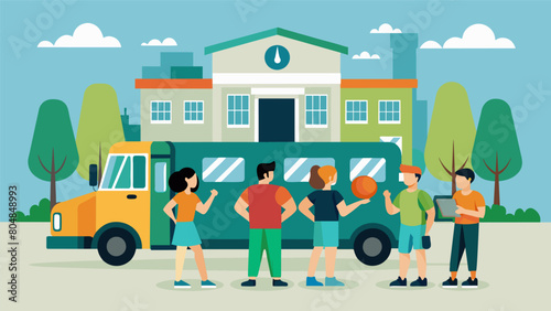 A group of students gather around a mobile gym truck on their university campus to participate in a beginnerfriendly strength training class.. Vector illustration