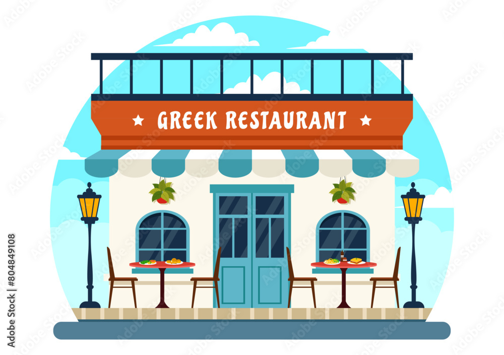 Obraz premium Greek Cuisine Restaurant Vector Illustration with Set Menu Delicious Dishes Traditional or National Food in Flat Cartoon Background Design