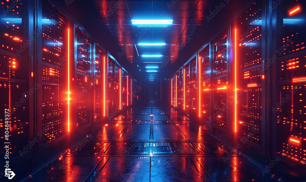 Storage servers glowing with data, nestled in a futuristic facility