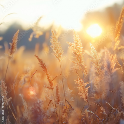 Beautiful nature background with meadow grass and sun light in the morning. Soft focus