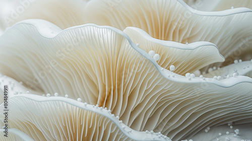 Abstract background of white mushroom gills. Closeup photo for design, dark and melancholic music video. photorealistic, high resolution, composition