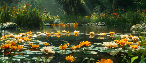 Tranquil Lotus Pond in Lush Garden, Pink and White Blossoms Floating on Calm Waters