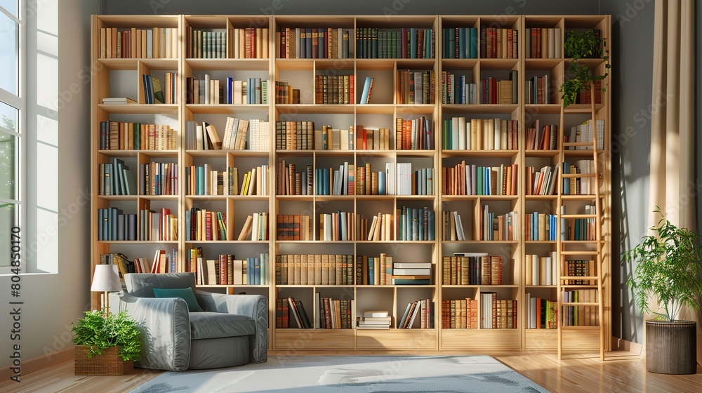 Magnificent home library interior with large bookcase full of different books, green armchair Magnificent home library interior with large bookcase full of different books, green armchair