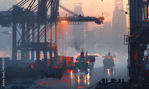 bustling port with futuristic cranes loading containers onto ships
