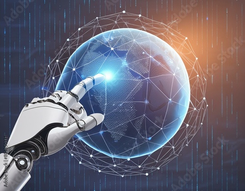 robotic arm interacting with the 3D Earth on the center of a screen and artificial intelligence controls the global network. Robot hand pointing at earth in cyber space. photo