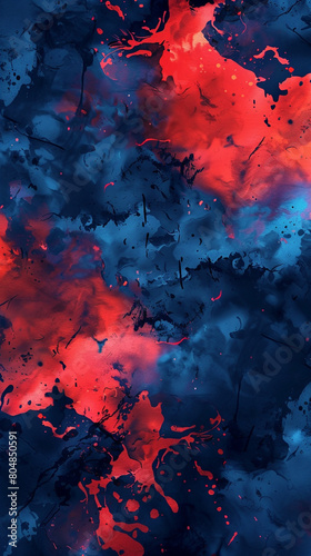 Dynamic, seamless abstract pattern with bold splashes of red and blue gradients and smoky textures