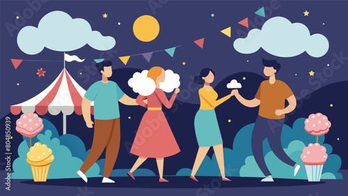 As the sky darkens and stars begin to le two couples dance in the midst of a summertime fair the aroma of kettle corn and cotton candy in the air.. Vector illustration