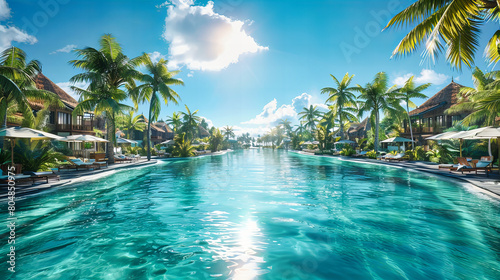 Tranquil Tropical Resort Scene  Lush Palms and Blue Pool  Idyllic Summer Escape