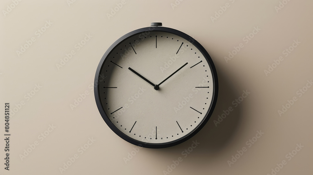 A round black wall clock with a white dial is hanging on a beige wall. A round black wall clock with a white dial is hanging on a beige wall.