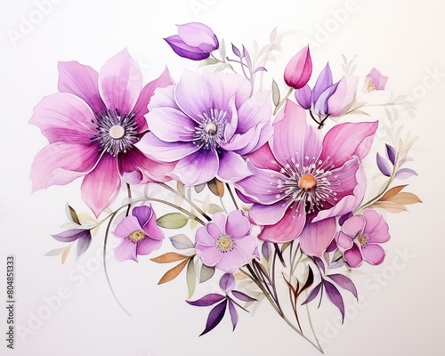 Elegant watercolor of pink and purple flowers  closeup view for a lovely and tranquil wall decor  showcasing nature s spring beauty    high resolution