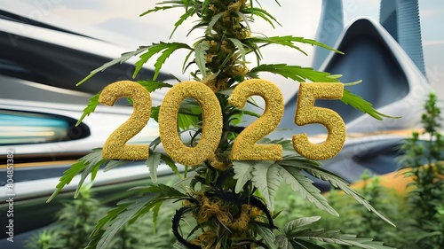 2025  text written on the hemp plant garden background. photo