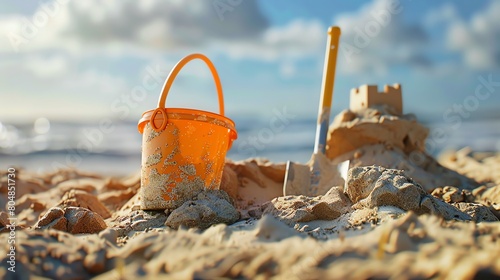 A sandcastle, shovel, and bucket on the beach with the ocean in the background.
