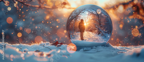 A surreal image of a person trapped inside a snow globe, the miniature world contained within representing the confines of their own mind and limited perspectives photo