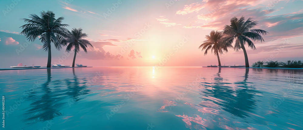 Tropical Beach Sunset, Palm Silhouettes Against Colorful Sky, Scenic Vacation Background