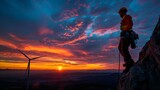 A rock climber scales a cliff as the sun sets behind him