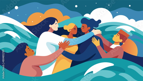 People are seen holding onto each other tightly amidst the violent waves symbolizing the unity and solidarity that can arise in the face of social.