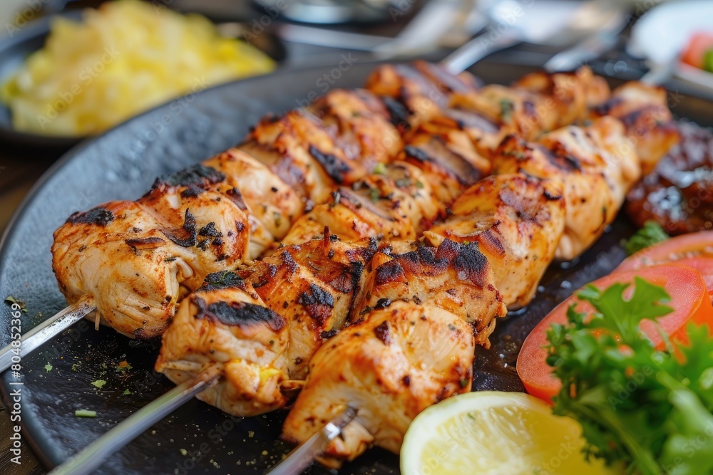 Juicy grilled chicken skewers served on a dark plate, garnished with fresh herbs and lime wedges, perfect for a savory meal.