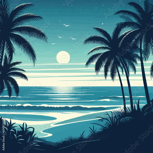 Fototapeta Naklejka Na Ścianę i Meble -  free vector Beach view with silhouettes of coconut trees and shades of blue