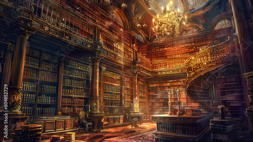 Attractive Atmospheric old large library with many books, Concept Art Games