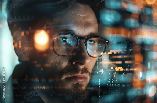 A portrait of an IT professional with glasses, sitting in front of his computer screen surrounded by code and digital data.