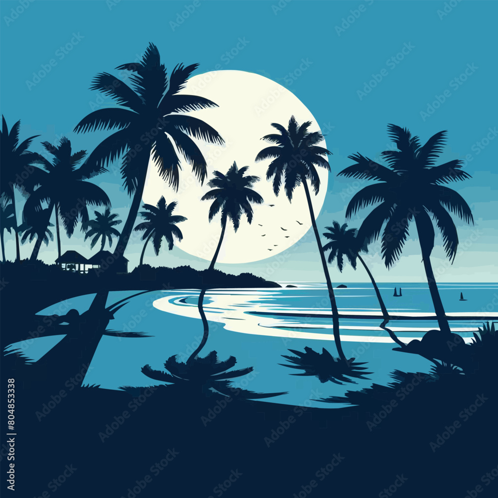 free vector Beach view with silhouettes of coconut trees and shades of blue