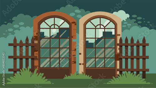Old windows with panes missing and rusted garden gates lean against each other waiting to be repurposed.. Vector illustration