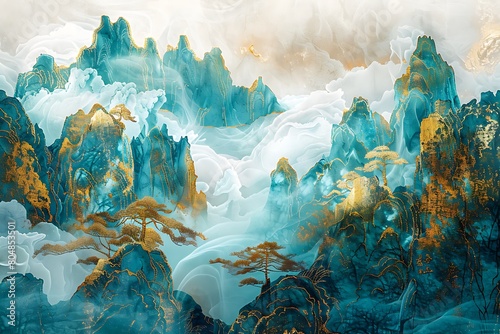Crystal Clear Chinese Landscape: Gold Inlaid Jade Carving, Wide-Angle View, White & Blue Mountains, Minimalist Design photo