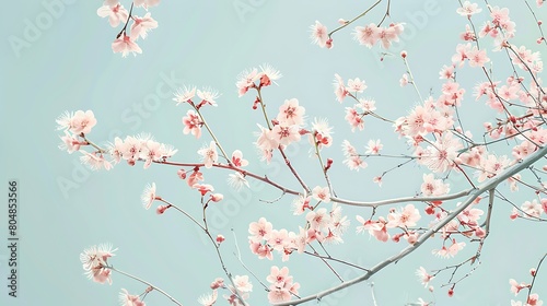Nature Inspired Artwork: Thin Branches, Light Pink Flowers, Soft Green Leaves, Light Blue Backdrop