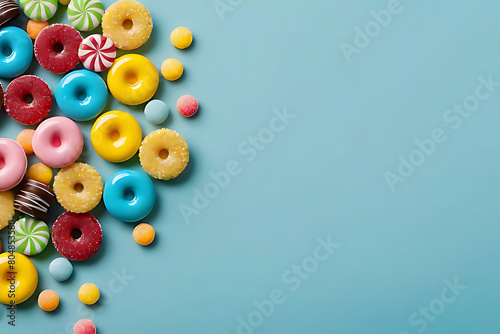 Candy and sweets in copy-space background concept, big blank space. Place to adding text blank copy space. Sweet Lollipop Delights