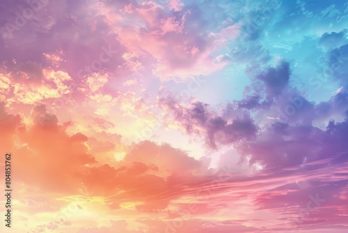 Sunset background with a pastel colored sky and clouds, 3d rendering © MrHamster