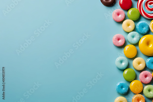 Candy and sweets in copy-space background concept  big blank space. Place to adding text blank copy space. Sweet Candy Cones