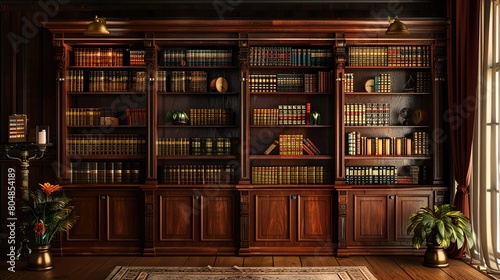 Wonderful Classic wooden library with books, Education and study, Many books in an old vintage cabinet