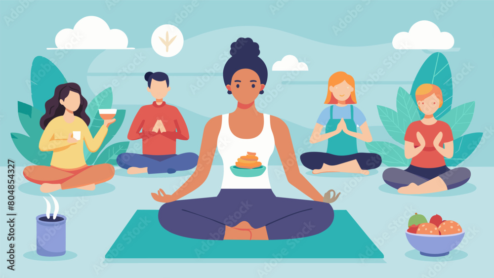 A yoga class incorporates lessons on mindful eating and the impact it can have on ones overall wellbeing.. Vector illustration