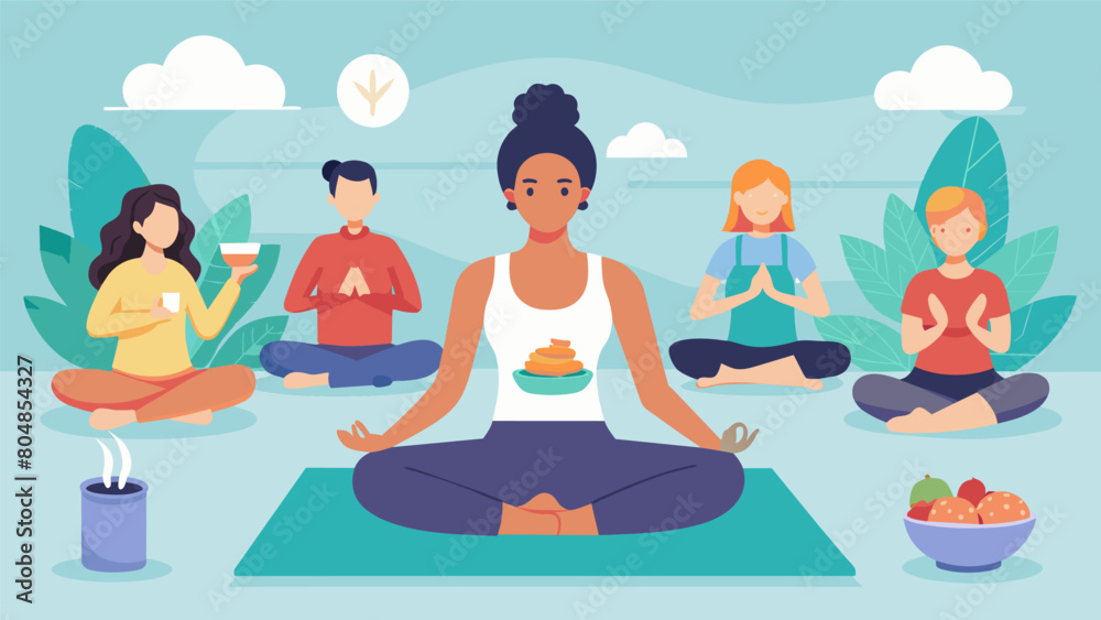 A yoga class incorporates lessons on mindful eating and the impact it can have on ones overall wellbeing.. Vector illustration A yoga class incorporates lessons on mindful eating and the impact it can have on ones overall wellbeing.. Vector illustration