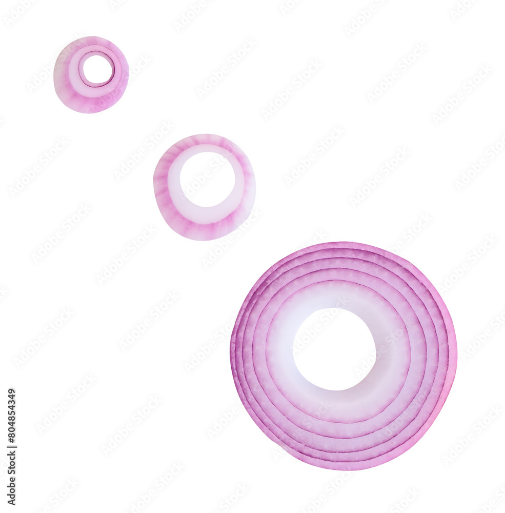 Top view set of red or purple onion slices or onion rings scattered isolated with clipping path in png file format Top view set of red or purple onion slices or onion rings scattered isolated with clipping path in png file format