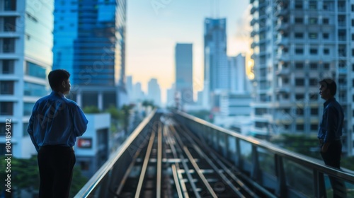 A businessman stands on a train platform in the early morning, looking out at the city skyline.