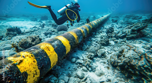 A diver inspecting an underwater cable pipe for data transfer. The telecommunication pipes lay on the sea floor with yellow tape and black rubber tubes floating above the water surface photo