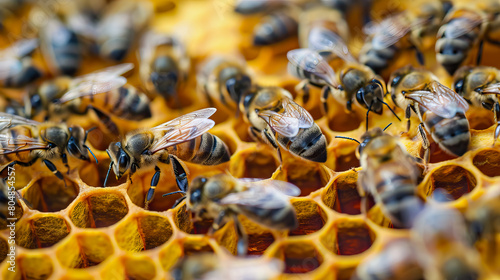 close up bees work on honeycombs.