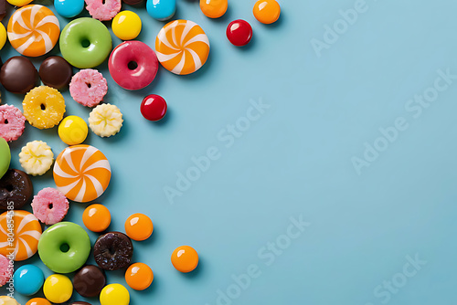 Candy and sweets in copy-space background concept, big blank space. Place to adding text blank copy space. Sweet and Salty Mix