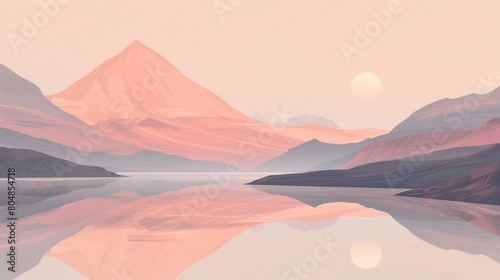 Envision a tranquil mountain and lake scene  rendered in minimalistic lines and peach color tones  creating a calming rhythm that soothes the soul AI Generate