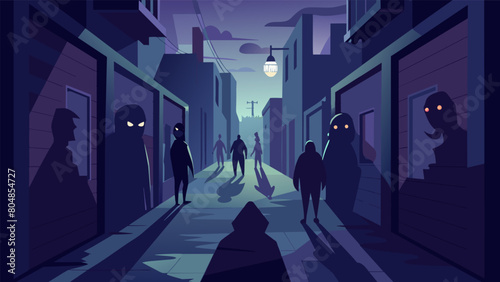 The alleyway is filled with enigmatic shadows making it difficult to discern the intentions of the intimidating individuals lurking within..