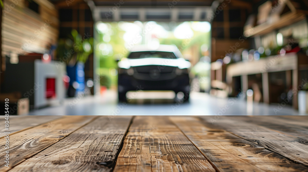 Obraz premium Empty wooden product table overlooking blurred garage view, Ai generated Images