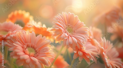 Picture a macroshot where the fine textures of gerbera flowers are accentuated, their petals adorned in a gentle peach fuzz color tone, offering a vivid and detailed floral background AI Generate
