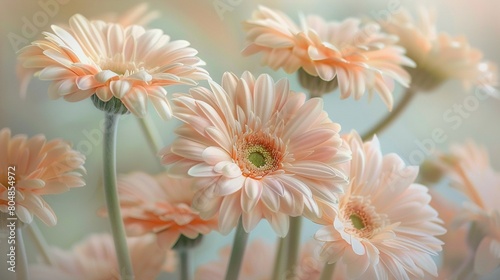 Picture a serene floral display of gerbera flowers, their delicate petals colored in subtle peach fuzz tones, creating a background that radiates calming rhythms and tranquility AI Generate
