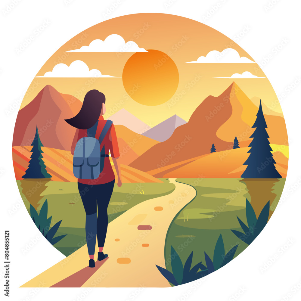 Beautifull girl with a backpack walks along a winding path, the sun dipping below the horizon casting a golden glow over the landscape