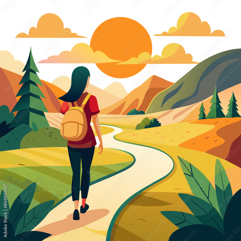 Beautifull girl with a backpack walks along a winding path, the sun dipping below the horizon casting a golden glow over the landscape