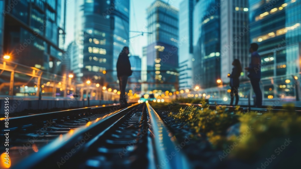 A group of people standing on a train track in the city.