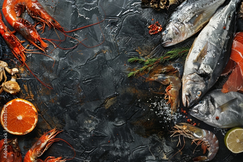 Underwater Symphony: A mesmerizing display of seafood and marine life against a black canvas, an artistic tribute to the diverse and bountiful ocean.